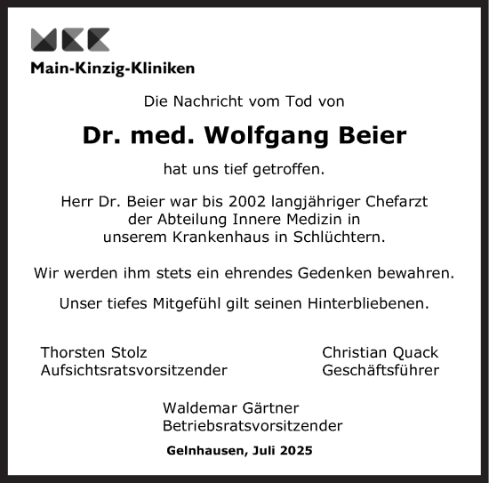 Traueranzeige von Wolfgang Beier von Gelnhäuser Neue Zeitung