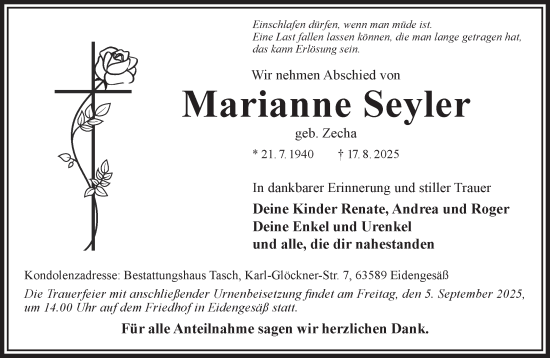 Traueranzeige von Marianne Seyler von Gelnhäuser Neue Zeitung