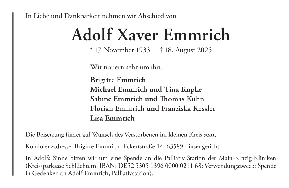  Traueranzeige für Adolf Xaver Emmrich vom 06.09.2025 aus Mittelhessen-Bote