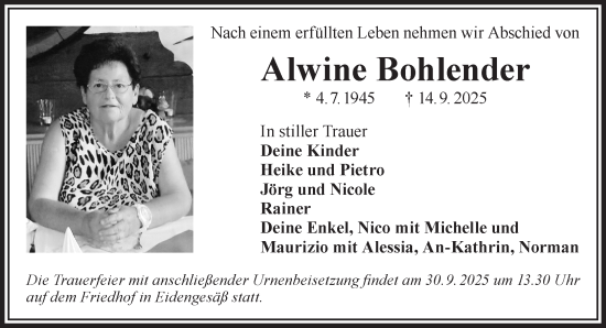 Traueranzeige von Alwine Bohlender von Gelnhäuser Neue Zeitung