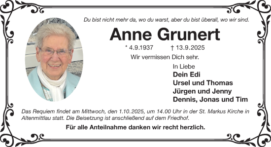 Traueranzeige von Anne Grunert von Gelnhäuser Neue Zeitung