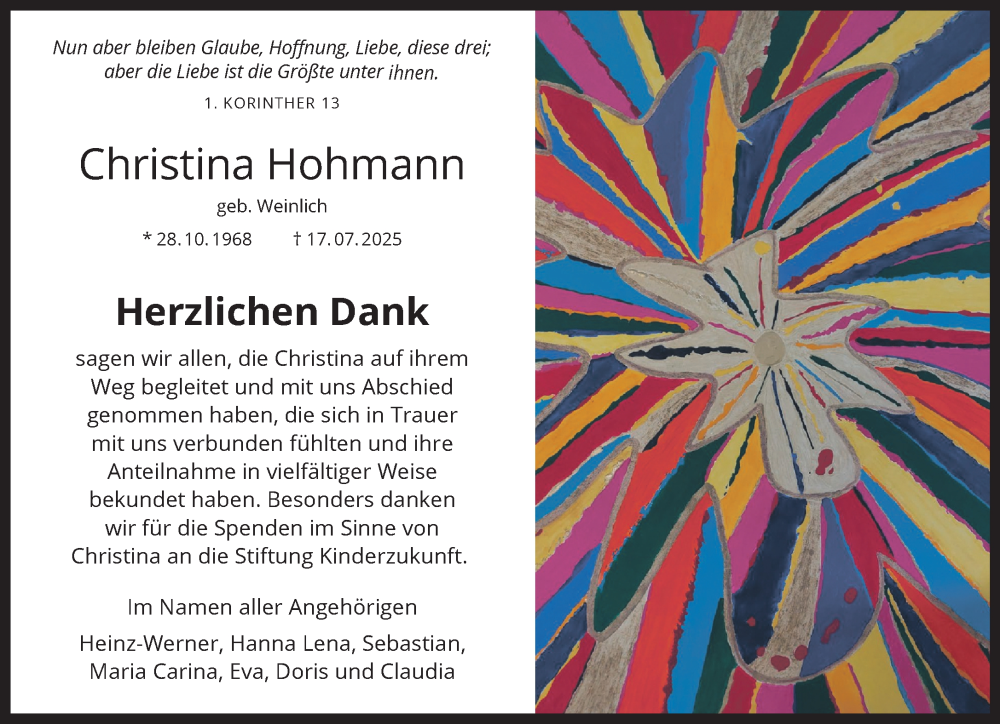  Traueranzeige für Christina Hohmann vom 20.09.2025 aus Gelnhäuser Neue Zeitung