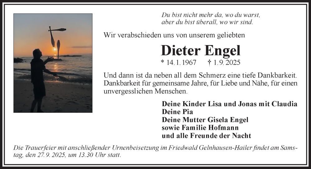  Traueranzeige für Dieter Engel vom 20.09.2025 aus Gelnhäuser Neue Zeitung