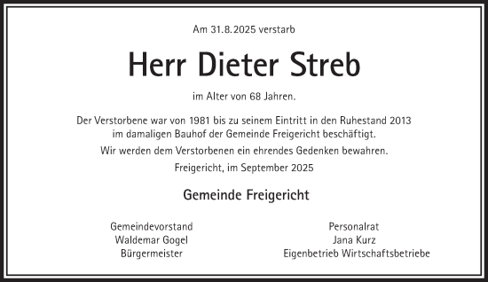 Traueranzeige von Dieter Streb von Gelnhäuser Neue Zeitung