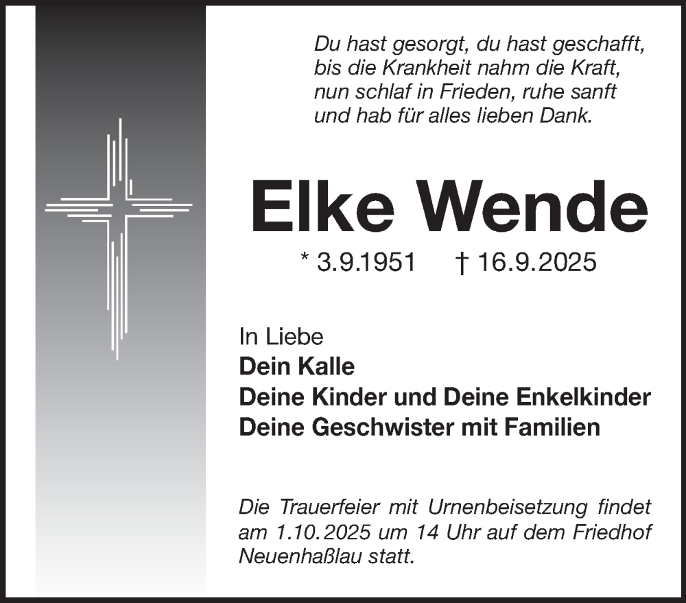  Traueranzeige für Elke Wende vom 27.09.2025 aus Gelnhäuser Neue Zeitung