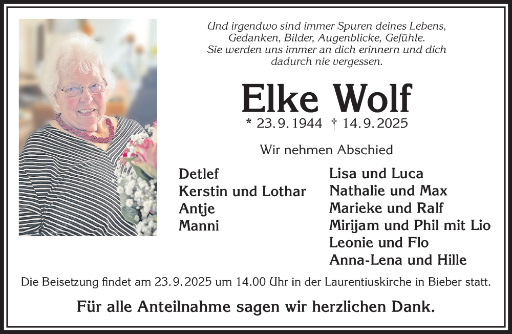  Traueranzeige für Elke Wolf vom 20.09.2025 aus Gelnhäuser Neue Zeitung