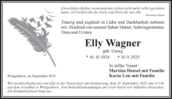 Traueranzeige von Elly Wagner von Gelnhäuser Neue Zeitung