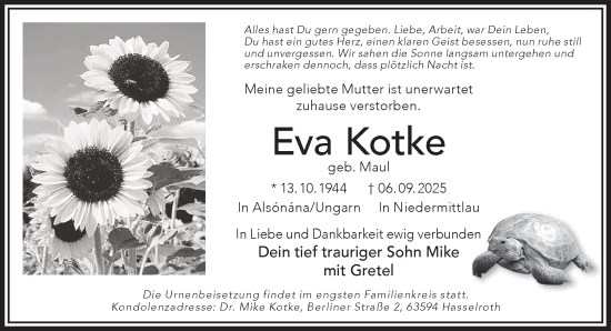 Traueranzeige von Eva Kotke von Gelnhäuser Neue Zeitung