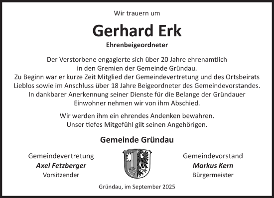 Traueranzeige von Gerhard Erk von Gelnhäuser Neue Zeitung