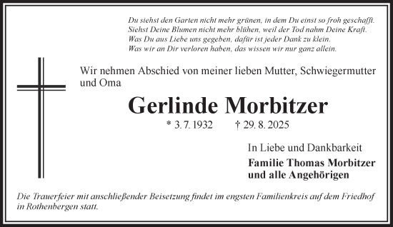 Traueranzeige von Gerlinde Morbitzer von Gelnhäuser Neue Zeitung