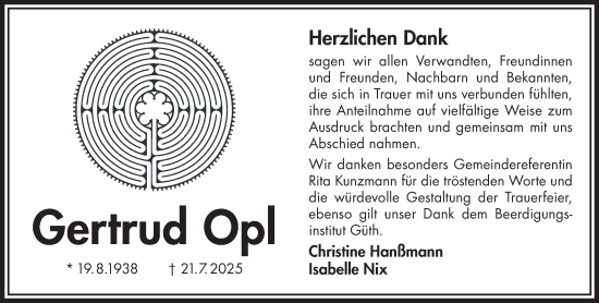 Traueranzeige von Gertrud Opl von Gelnhäuser Neue Zeitung