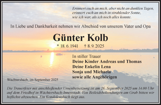 Traueranzeige von Günter Kolb von Mittelhessen-Bote