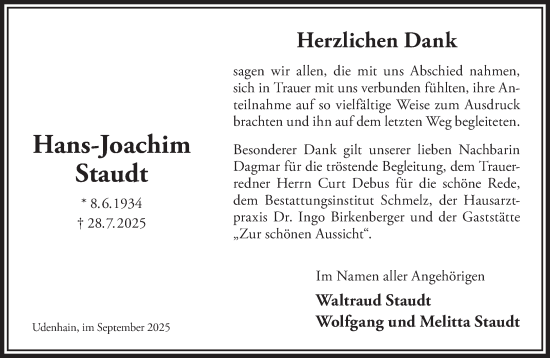 Traueranzeige von Hans-Joachim Staudt von Gelnhäuser Neue Zeitung