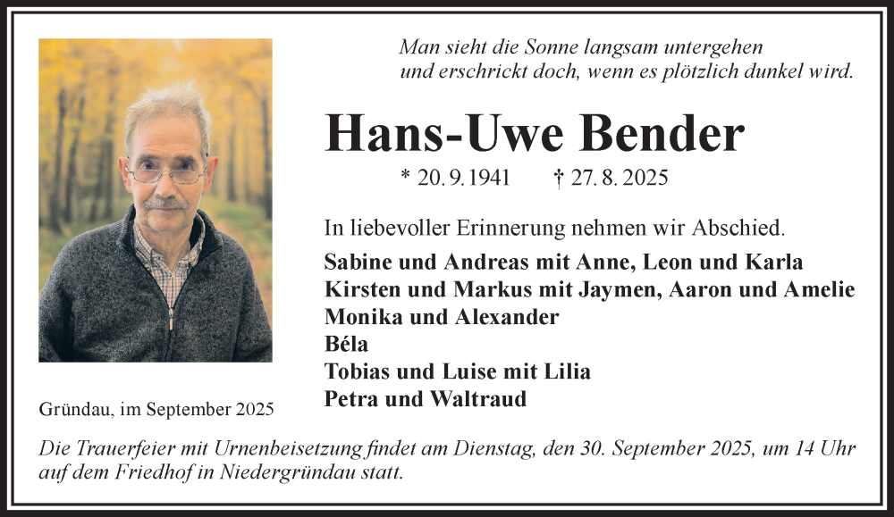  Traueranzeige für Hans-Uwe Bender vom 06.09.2025 aus Gelnhäuser Neue Zeitung