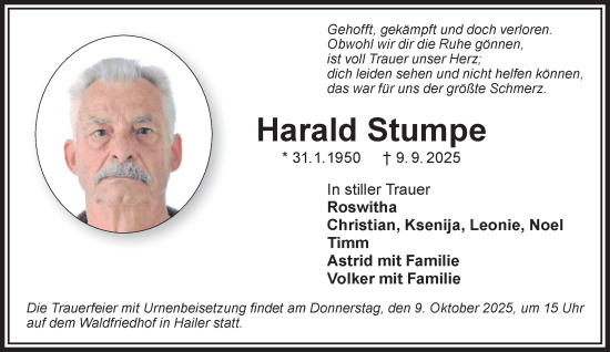 Traueranzeige von Harald Stumpe von Gelnhäuser Neue Zeitung