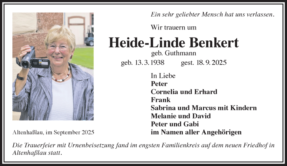  Traueranzeige für Heide-Linde Benkert vom 27.09.2025 aus Gelnhäuser Neue Zeitung