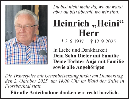 Traueranzeige von Heinrich Herr von Gelnhäuser Neue Zeitung