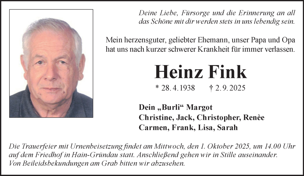  Traueranzeige für Heinz Fink vom 20.09.2025 aus Gelnhäuser Neue Zeitung