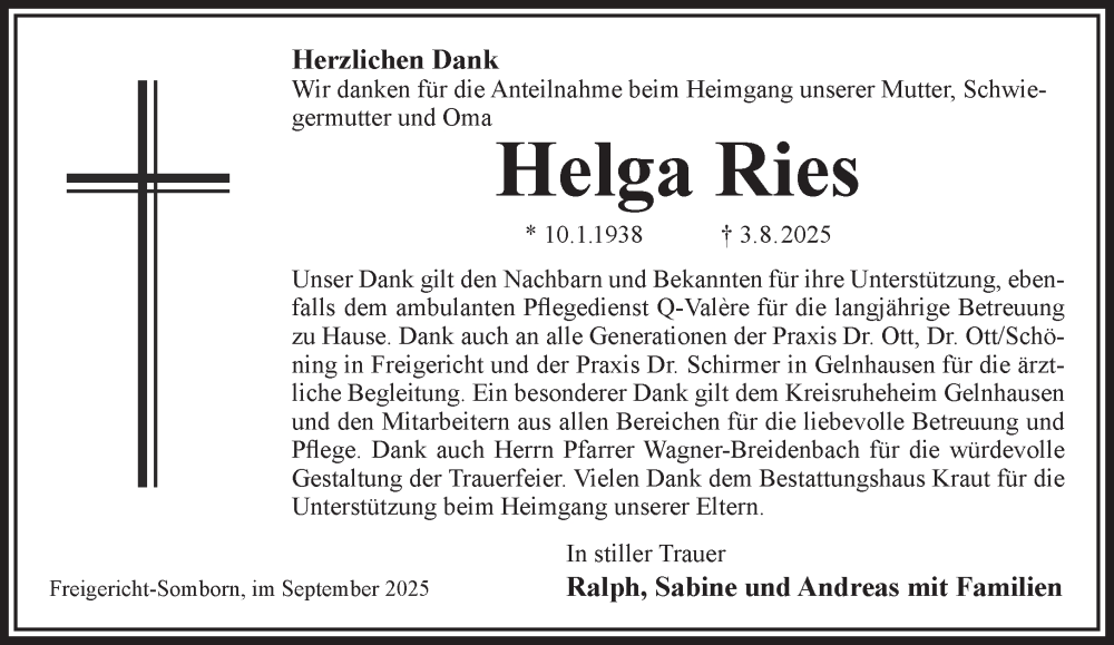  Traueranzeige für Helga Ries vom 20.09.2025 aus Gelnhäuser Neue Zeitung