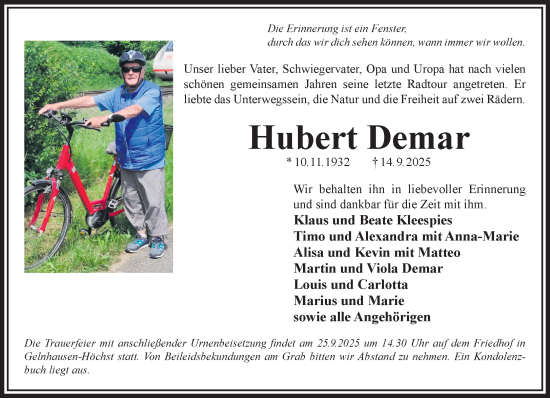 Traueranzeige von Hubert Demar von Gelnhäuser Neue Zeitung