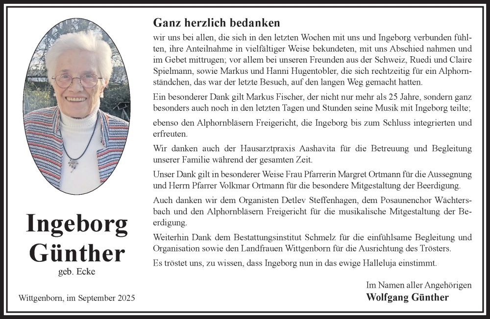  Traueranzeige für Ingeborg Günther vom 27.09.2025 aus Gelnhäuser Neue Zeitung