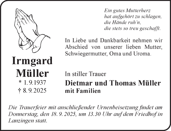 Traueranzeige von Irmgard Müller von Gelnhäuser Neue Zeitung