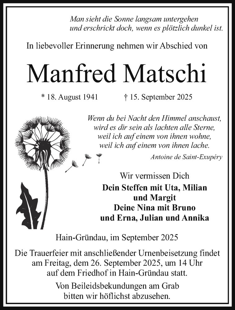  Traueranzeige für Manfred Matschi vom 20.09.2025 aus Gelnhäuser Neue Zeitung
