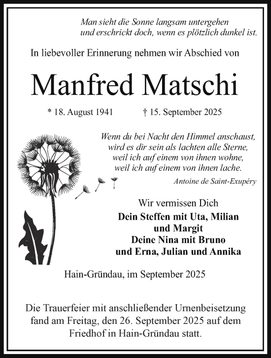 Traueranzeige von Manfred Matschi von Mittelhessen-Bote