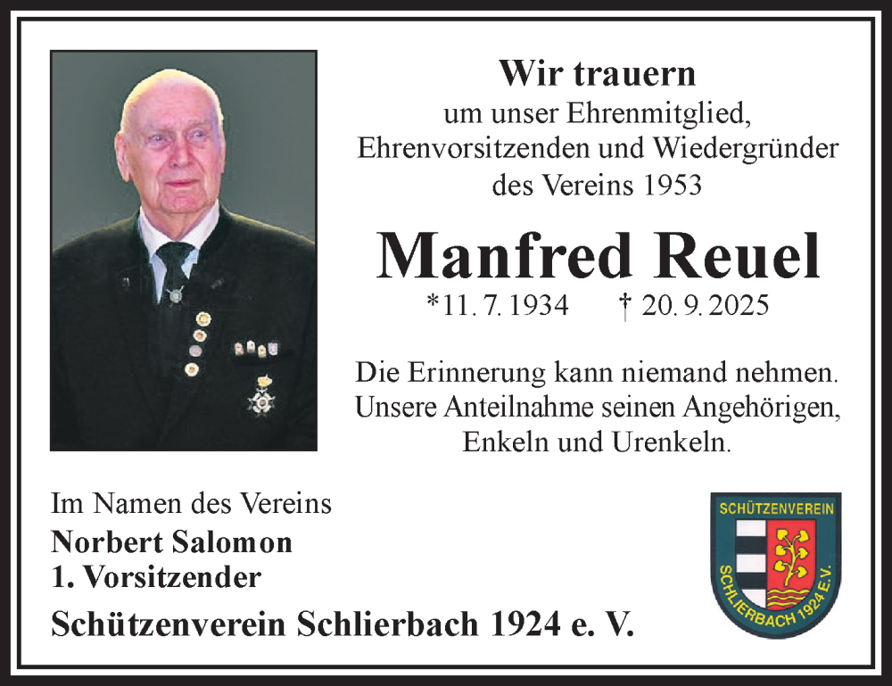  Traueranzeige für Manfred Reuel vom 27.09.2025 aus Gelnhäuser Neue Zeitung