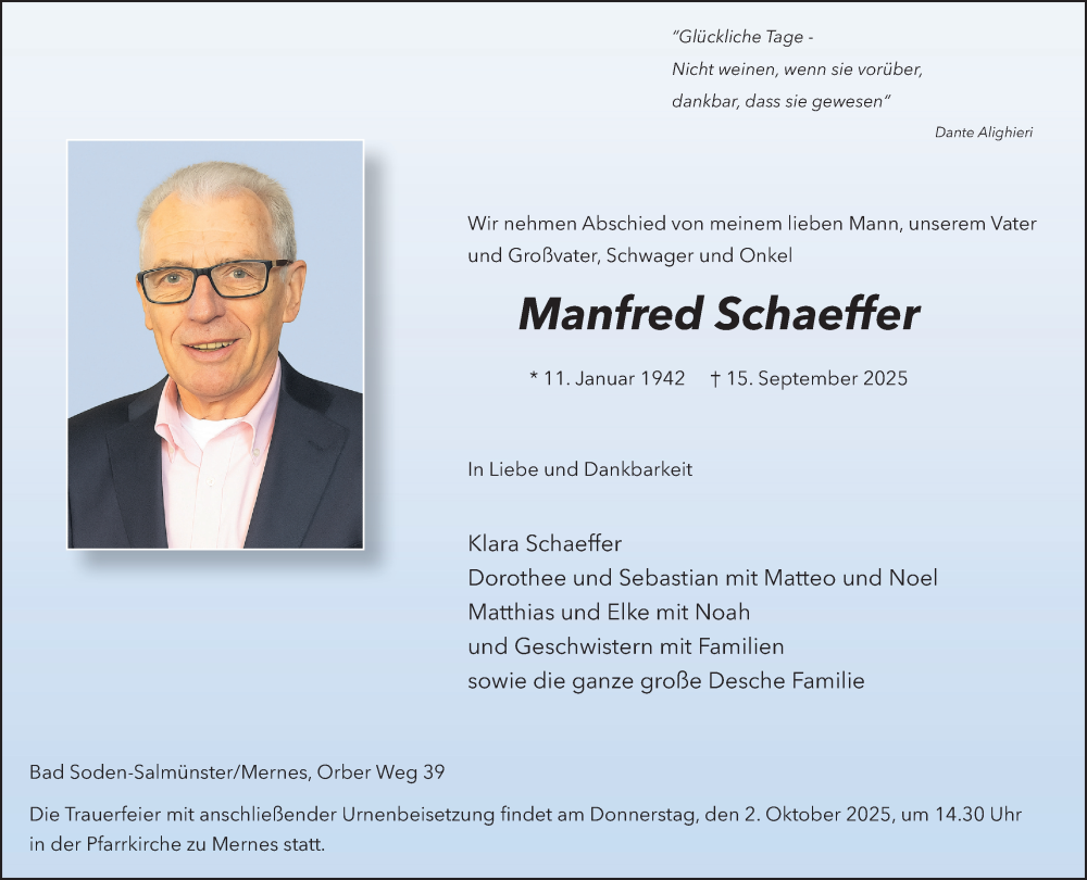  Traueranzeige für Manfred Schaeffer vom 27.09.2025 aus Gelnhäuser Neue Zeitung