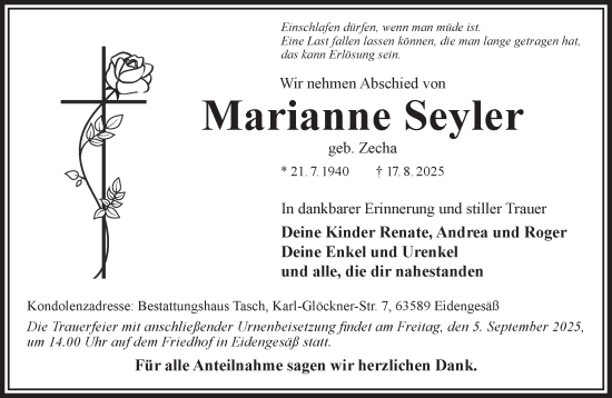 Traueranzeige von Marianne Seyler von Gelnhäuser Neue Zeitung