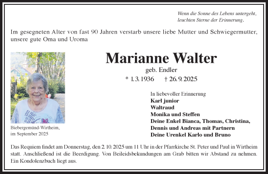 Traueranzeige von Marianne Walter von Gelnhäuser Neue Zeitung