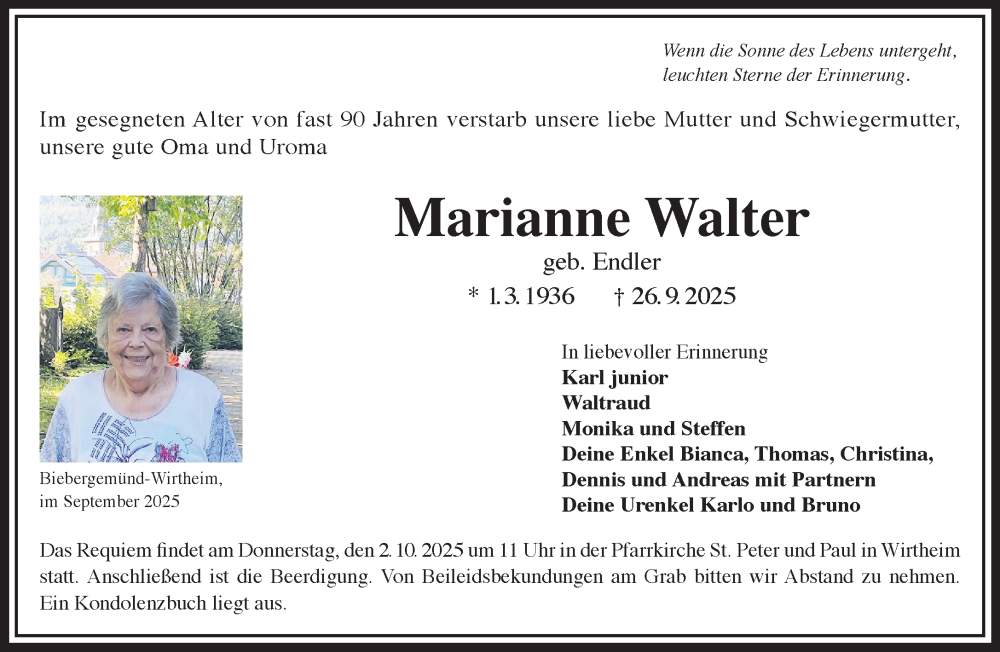  Traueranzeige für Marianne Walter vom 30.09.2025 aus Gelnhäuser Neue Zeitung