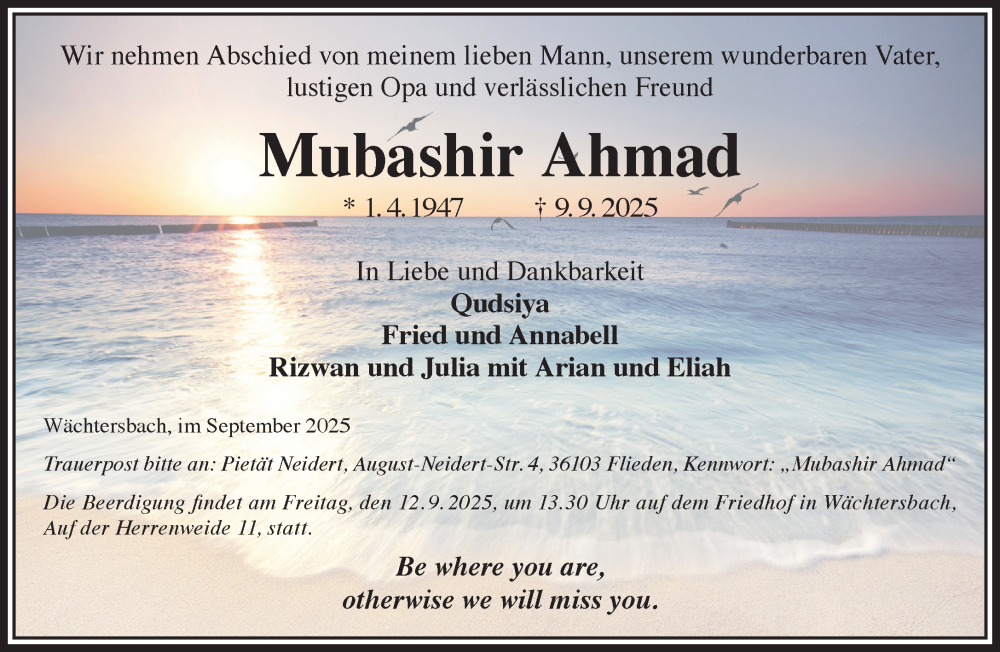  Traueranzeige für Mubashir Ahmad vom 11.09.2025 aus Gelnhäuser Neue Zeitung