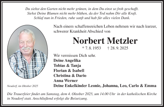 Traueranzeige von Norbert Metzler von Gelnhäuser Neue Zeitung