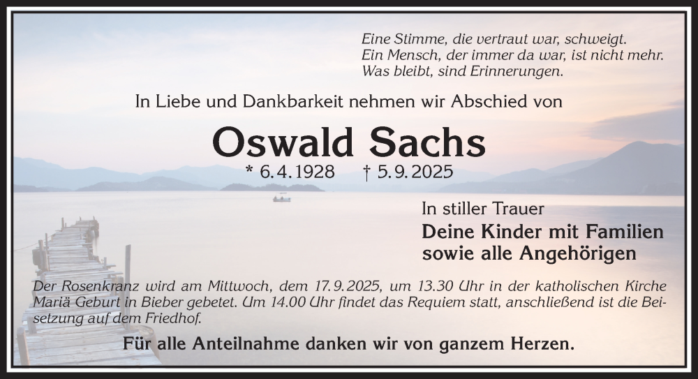  Traueranzeige für Oswald Sachs vom 13.09.2025 aus Mittelhessen-Bote