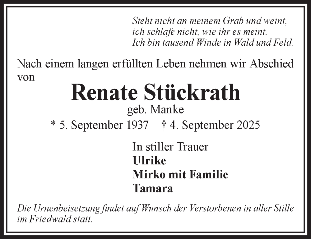  Traueranzeige für Renate Stückrath vom 20.09.2025 aus Gelnhäuser Neue Zeitung