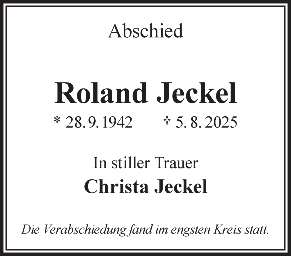  Traueranzeige für Roland Jeckel vom 06.09.2025 aus Gelnhäuser Neue Zeitung