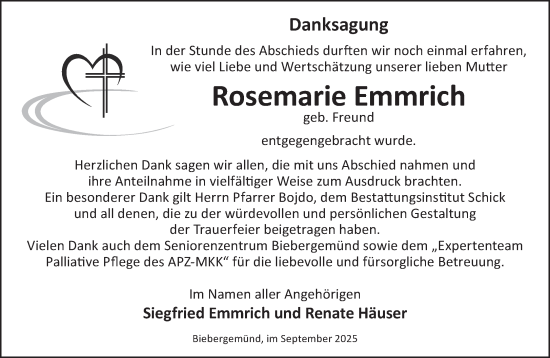 Traueranzeige von Rosemarie Emmrich von Gelnhäuser Neue Zeitung