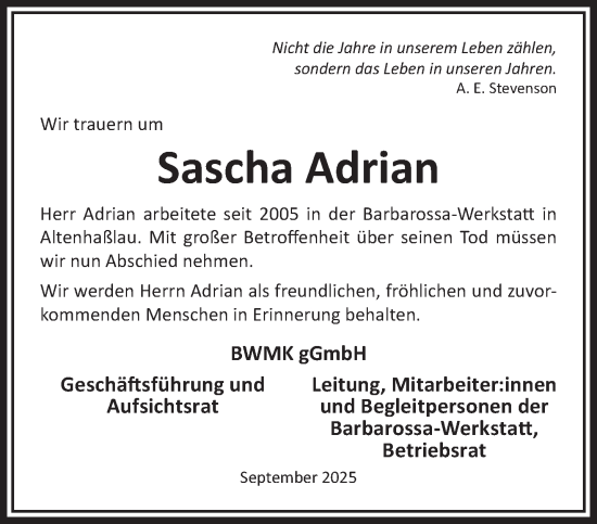 Traueranzeige von Sascha Adrian von Mittelhessen-Bote