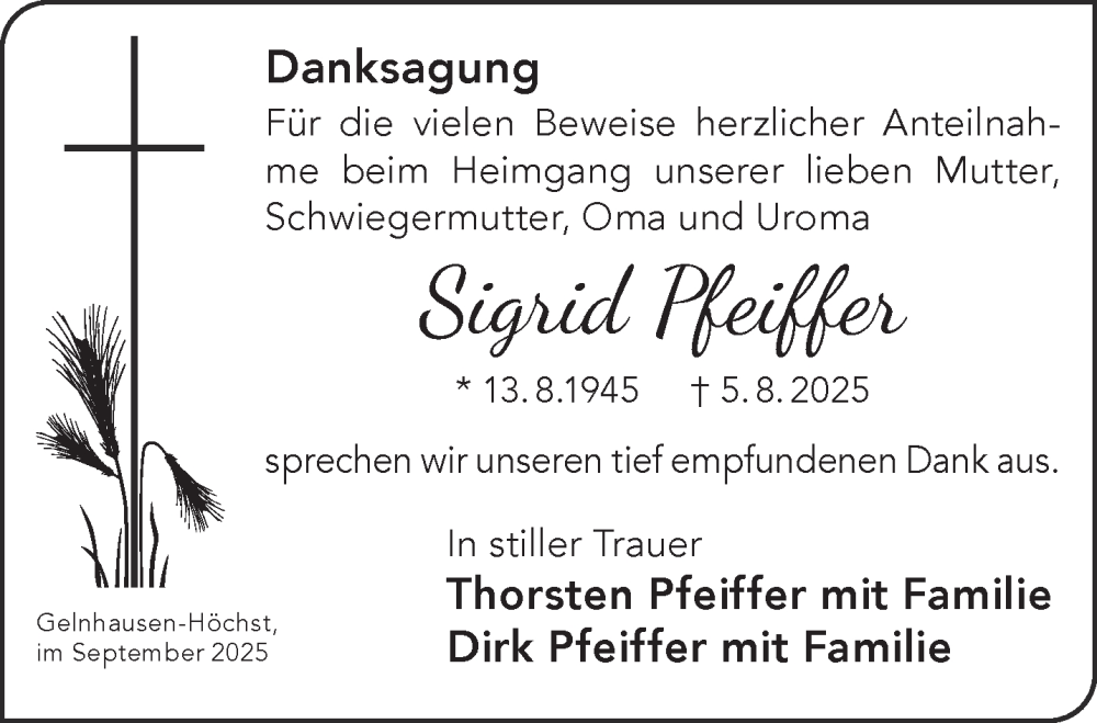  Traueranzeige für Sigrid Pfeiffer vom 06.09.2025 aus Gelnhäuser Neue Zeitung