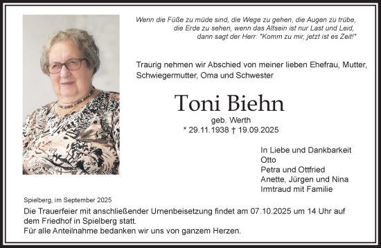 Traueranzeige von Toni Biehn von Gelnhäuser Neue Zeitung