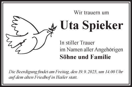 Traueranzeige von Uta Spieker von Gelnhäuser Neue Zeitung