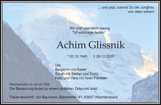 Traueranzeige von Achim Glissnik von Gelnhäuser Neue Zeitung