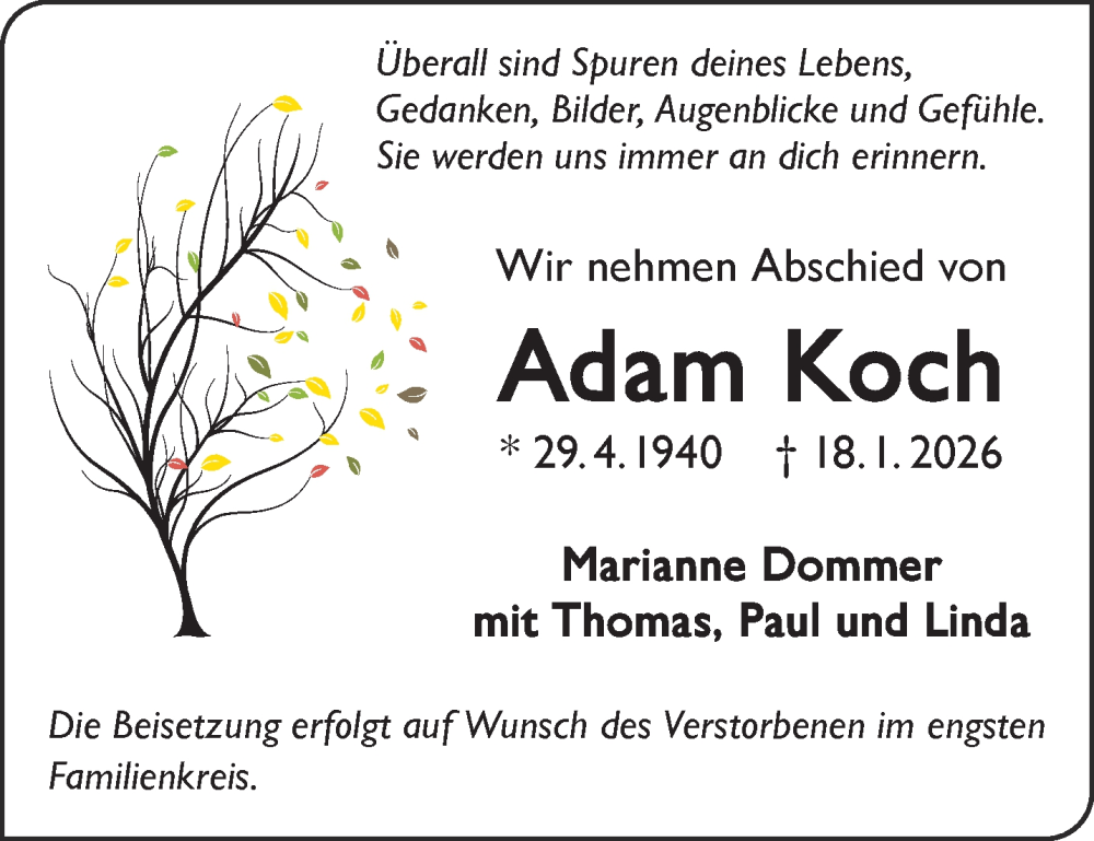  Traueranzeige für Adam Koch vom 24.01.2026 aus Gelnhäuser Neue Zeitung