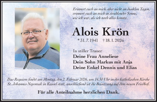 Traueranzeige von Alois Krön von Gelnhäuser Neue Zeitung