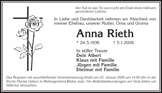 Traueranzeige von Anna Rieth von Gelnhäuser Neue Zeitung