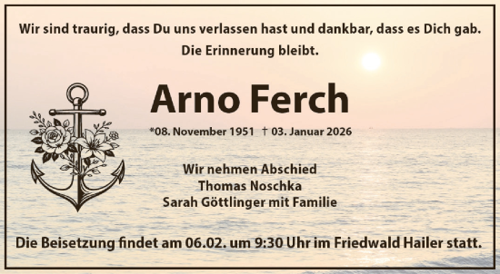 Traueranzeige von Arno Ferch von Gelnhäuser Neue Zeitung