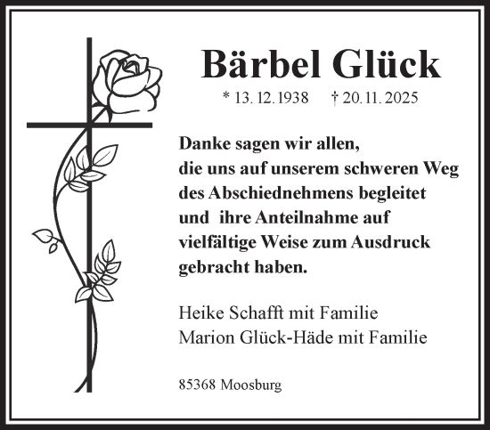 Traueranzeige von Bärbel Glück von Gelnhäuser Neue Zeitung