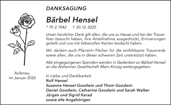 Traueranzeige von Bärbel Hensel von Gelnhäuser Neue Zeitung